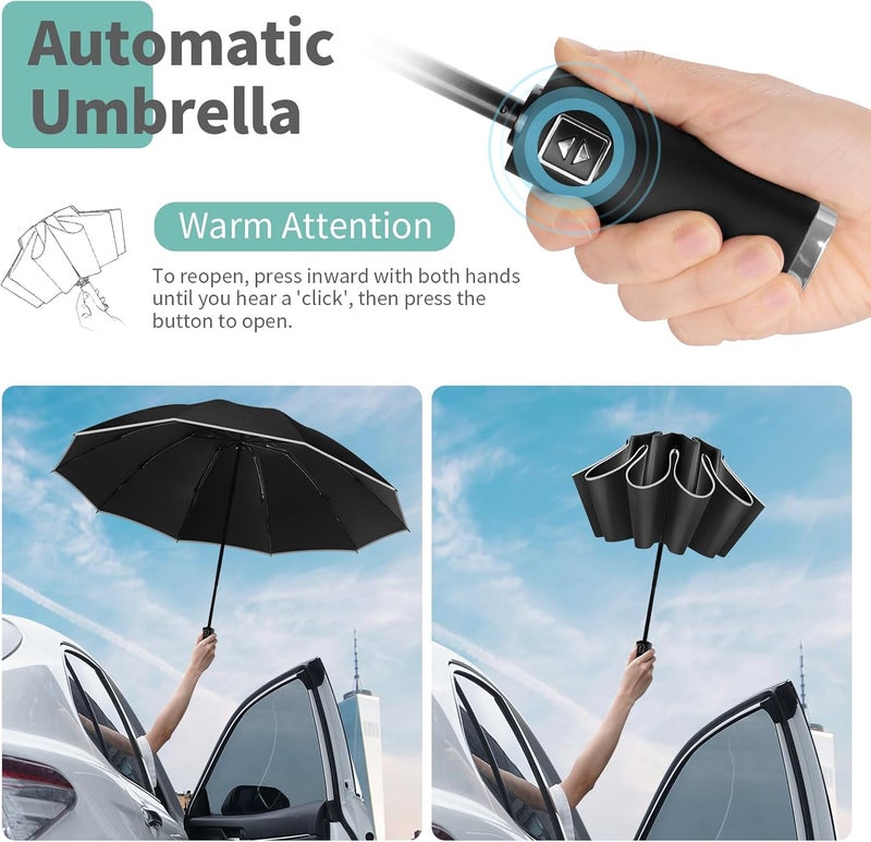 Yoobure Inverted Windproof Travel Umbrella - Automatic Umbrellas for Rain, Compact Folding with Reflective Stripe, Portable Large for Backpack, Lightweight with Sun UV Protection - Image 5